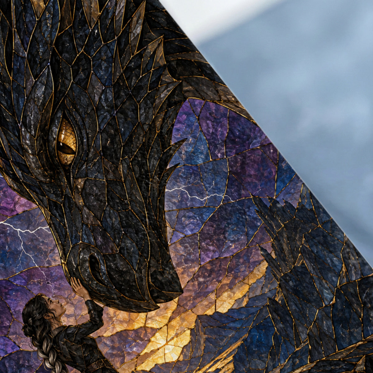 Woman reaching towards a black dragon's eye against a stormy, colorful sky.