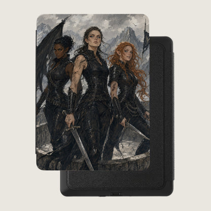 Three women in black armor holding swords stand before a mountainous landscape.