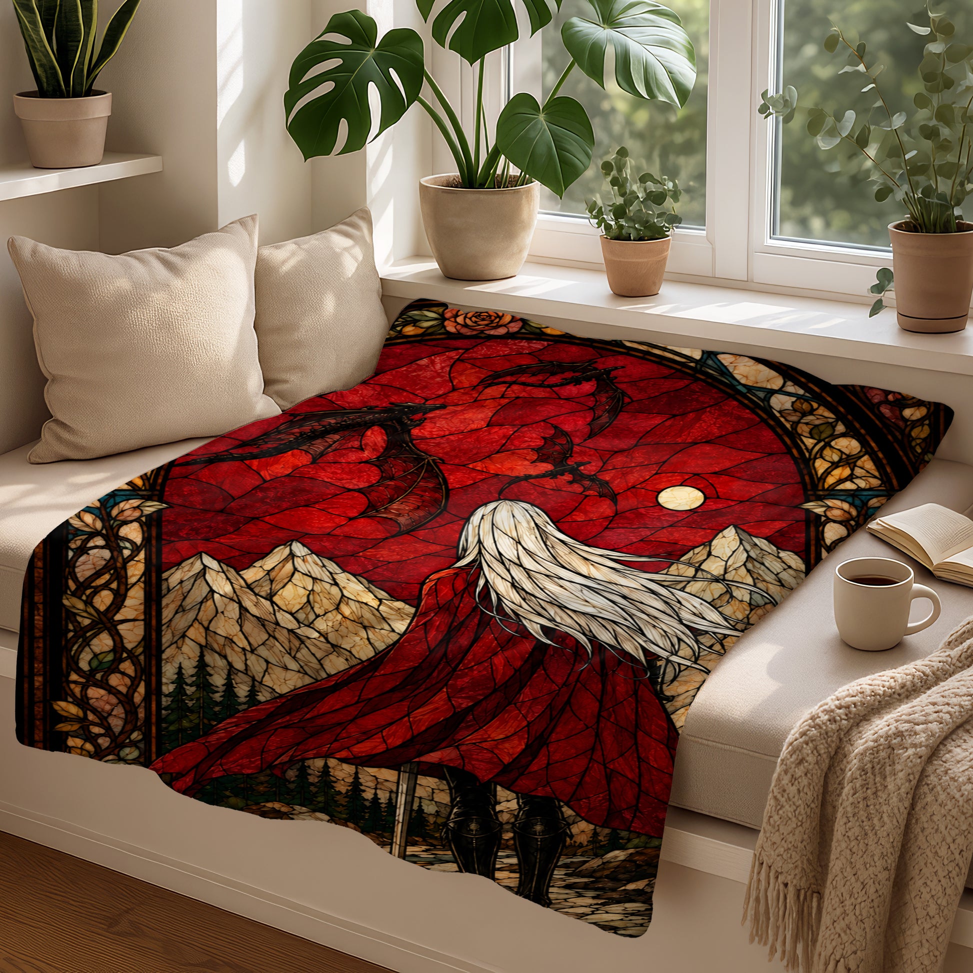 Dragon stained glass blanket design with a woman in a red cloak and mountains.
