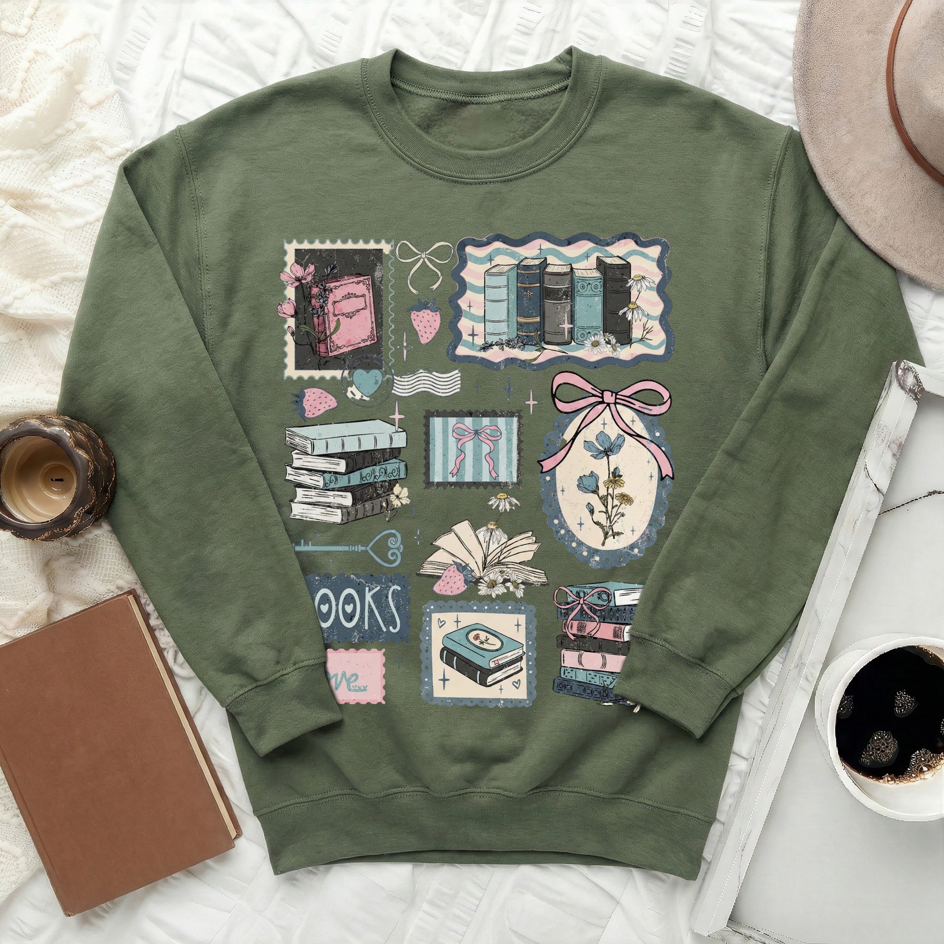 Cozy Green Sweatshirt with Cute Book Designs Product