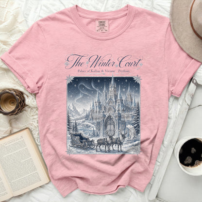 Pink t-shirt with "The Winter Court Palace of Kallias & Viviane Prythian" graphic.