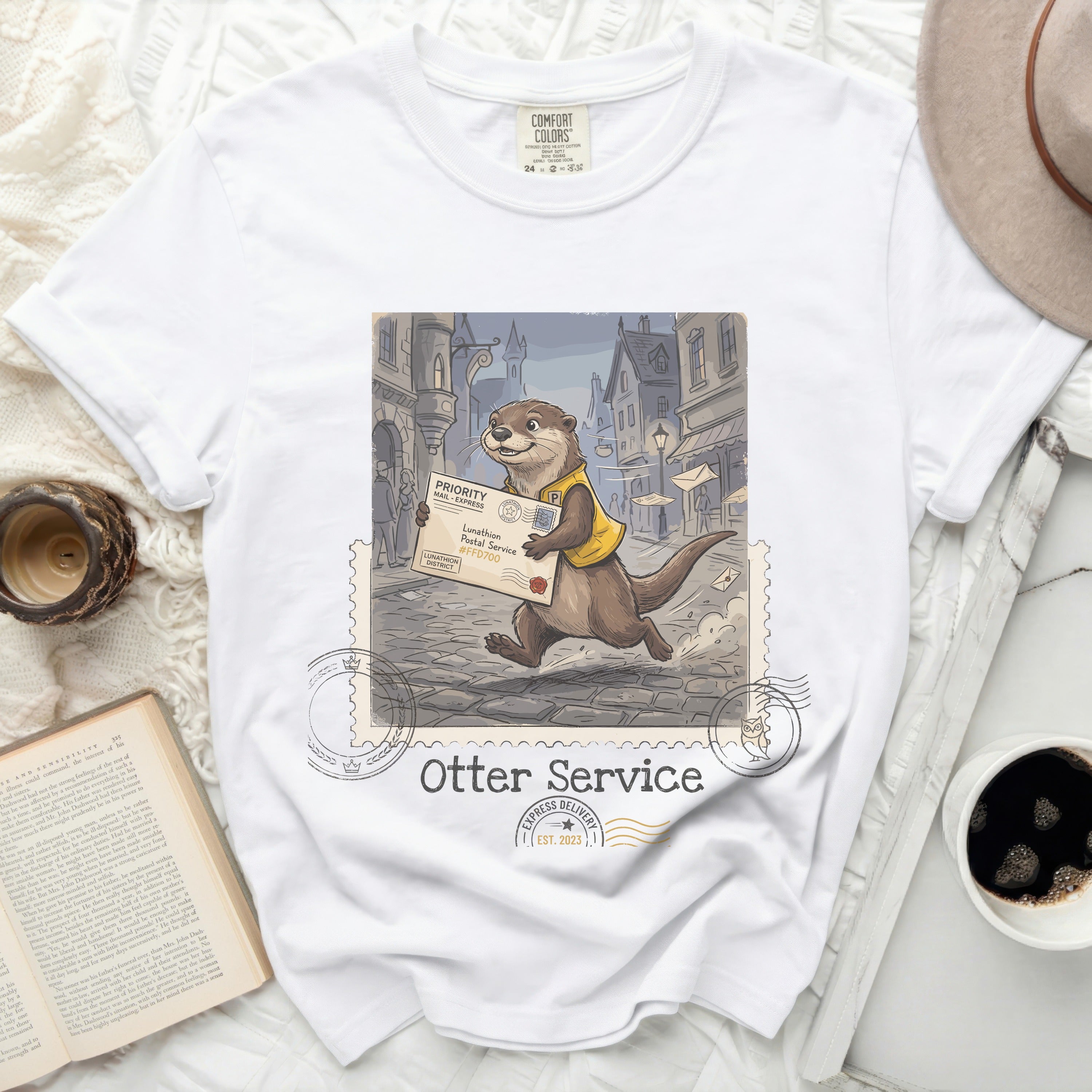 T-shirt with otter in mail carrier uniform delivering package.