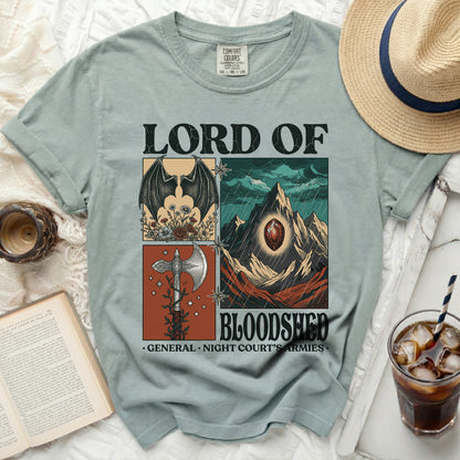 Lord of Bloodshed t-shirt with dragon, axe, and mountain graphics.