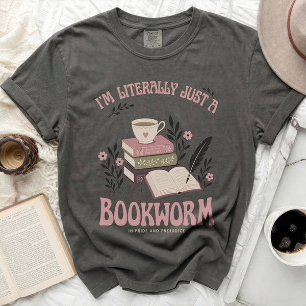 Pride & Prejudice Bookworm & Tea Tee in Pepper