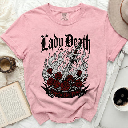 Pink t-shirt with "Lady Death" and a sword with roses and flames.