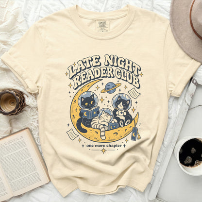 Cream t-shirt with "Late Night Reader Club" and cats reading on the moon.