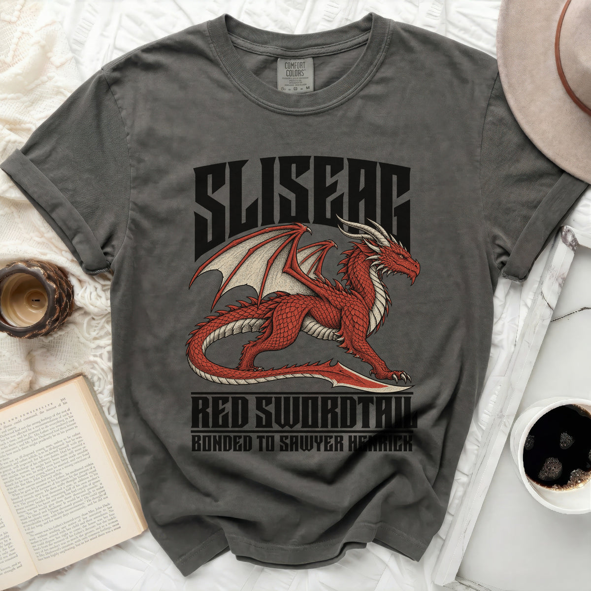 Grey t-shirt with a red dragon graphic and text "SLISEAR RED SWORDTAIL BONDED TO SAWYER HENRICK".