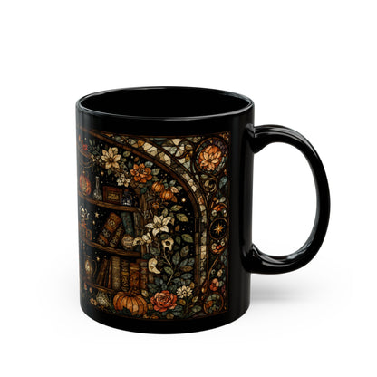 Black mug with a detailed illustration of a bookshelf and mystical elements.