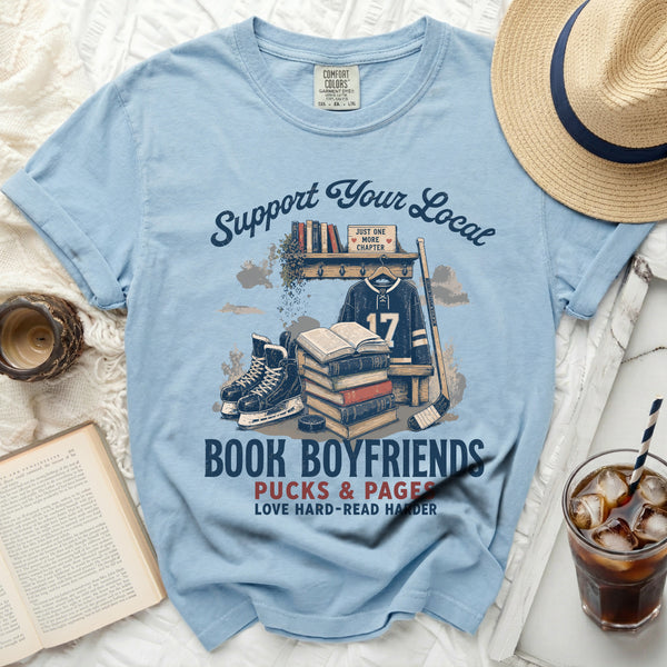 Local Book Boyfriends & Pucks Tee in Chambray
