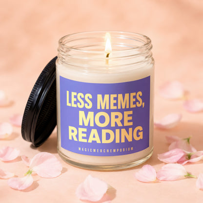 Jar candle with lit wick and purple label reading "LESS MEMES, MORE READING".