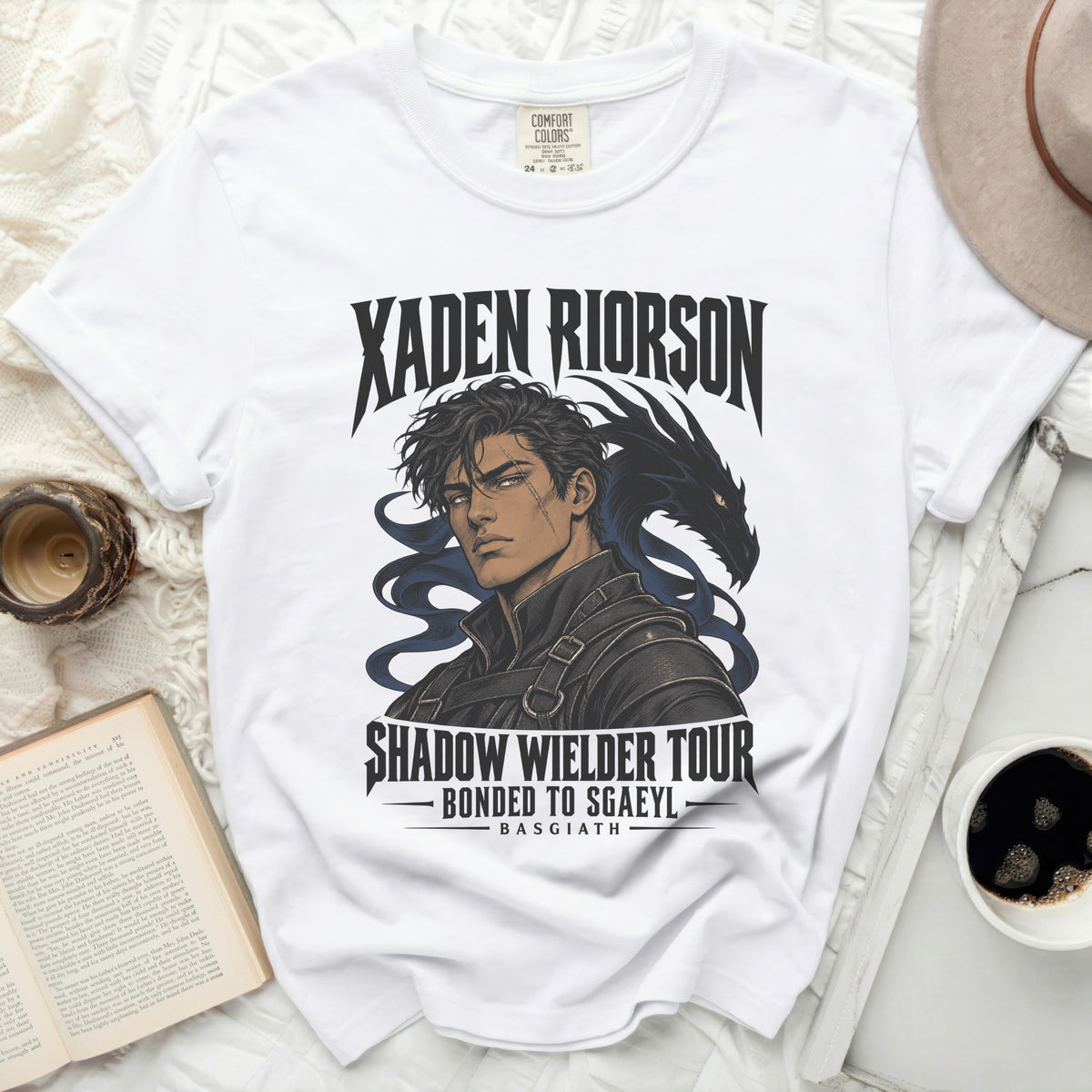White t-shirt with Xaden Riorson and dragon art, Shadow Wielder Tour, Bonded to Sgaeyl.
