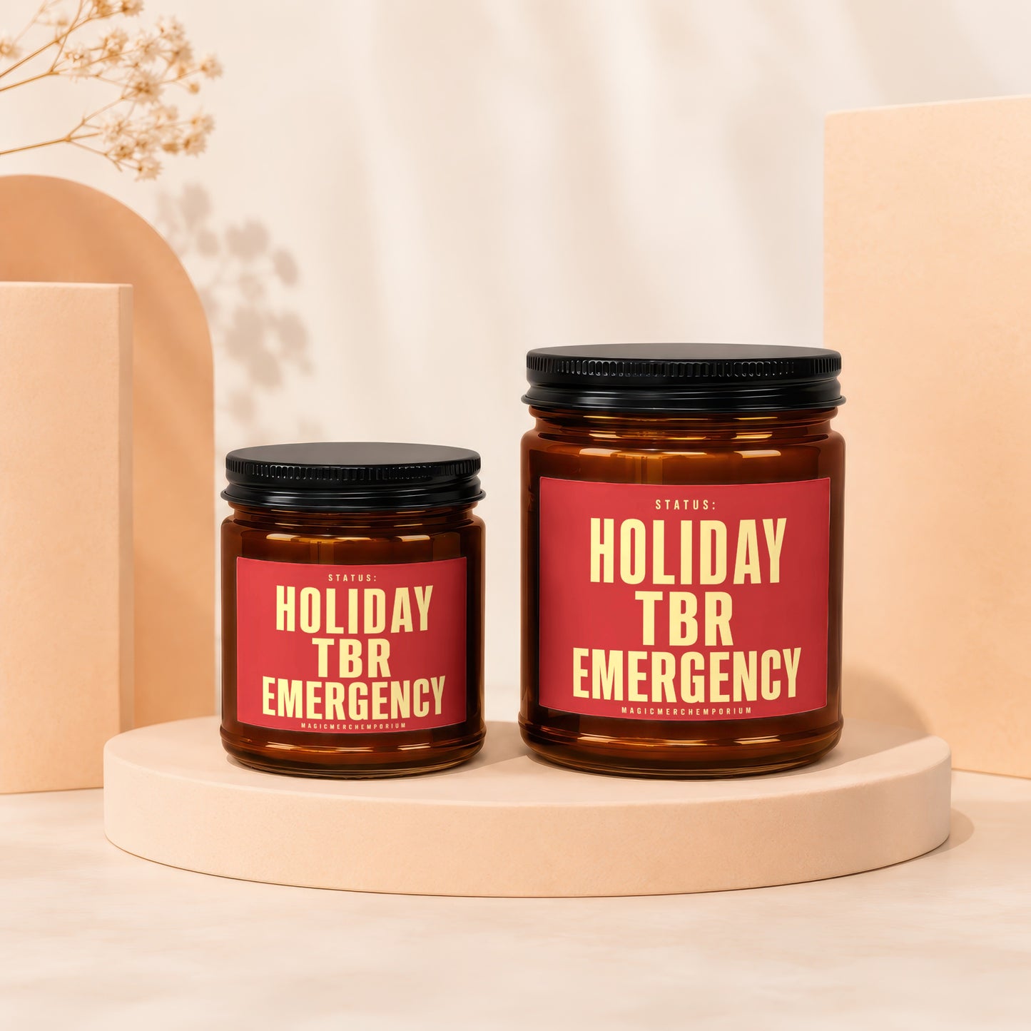 Two amber jars with black lids, labeled "Holiday TBR Emergency."