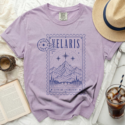 Purple t-shirt with "Velaris City of Starlight" graphic and "Night Court" stamp.