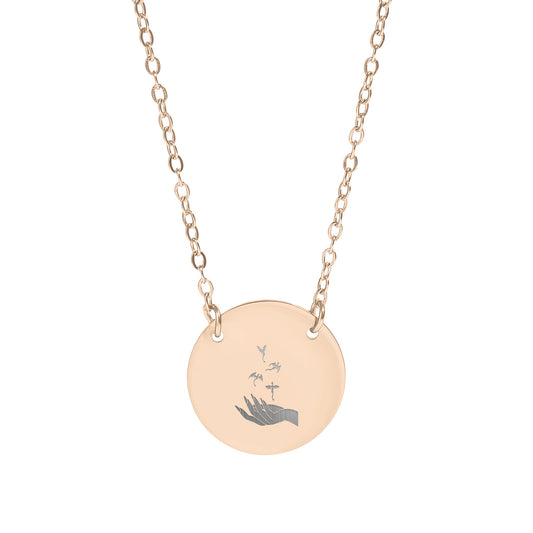 Hand with Birds Engraving Round Pendant Necklace