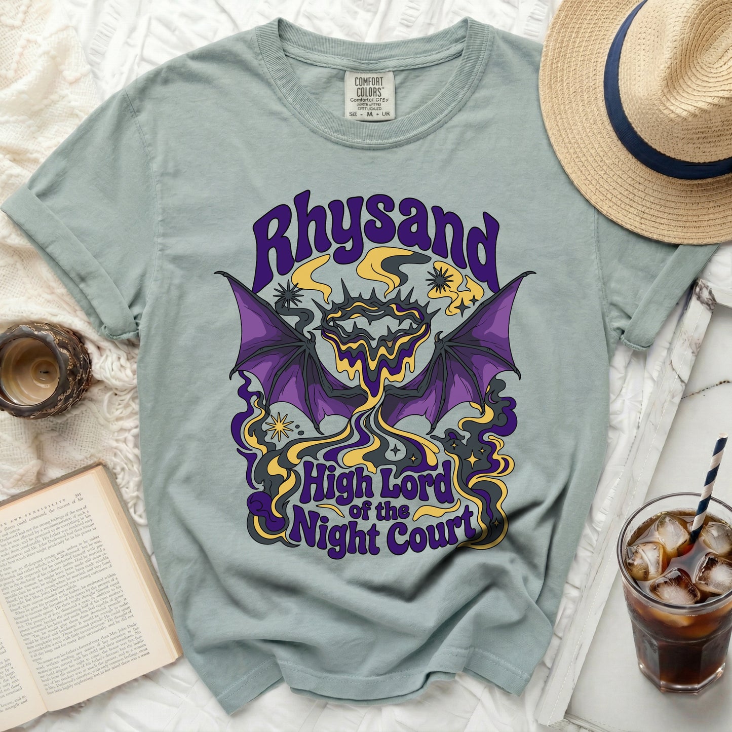 Light blue t-shirt with Rhysand High Lord of the Night Court graphic.