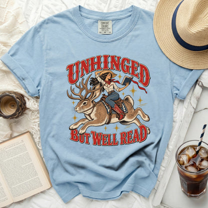 Light blue t-shirt with graphic of woman riding a jackalope, reading a book.