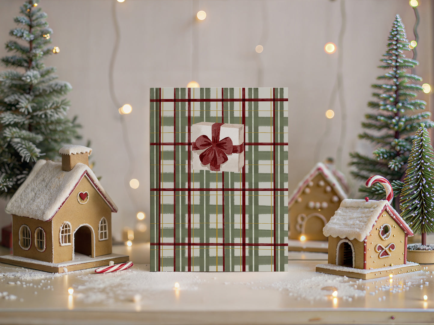 Plaid Christmas Card with Red Ribbon Bow Holiday Card
