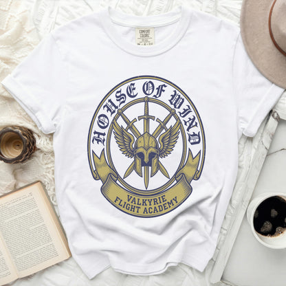 White t-shirt with "House of Wind Valkyrie Flight Academy" crest design.