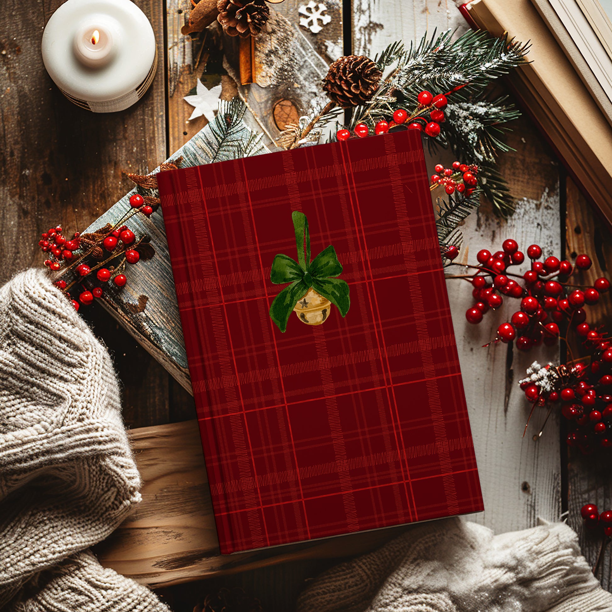 Festive Red Plaid Journal with Holiday Bell Design