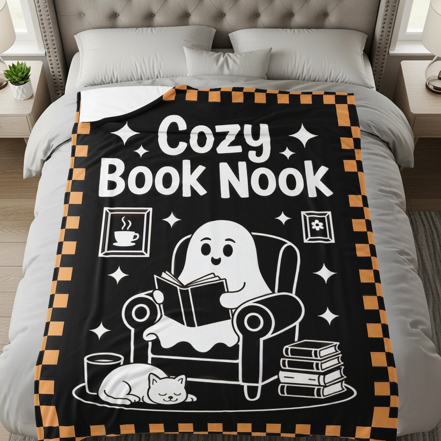 Cozy Book Nook Blanket with Cute Ghost and Cat Design