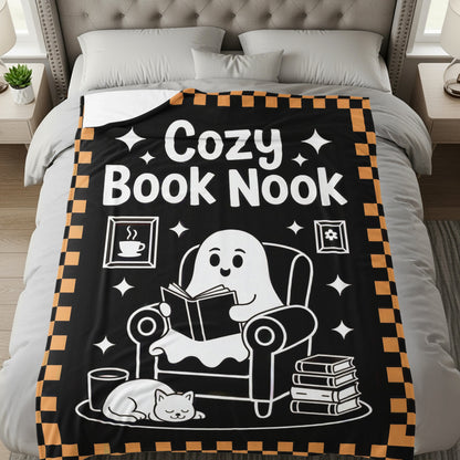 Cozy Book Nook Blanket with Cute Ghost and Cat Design
