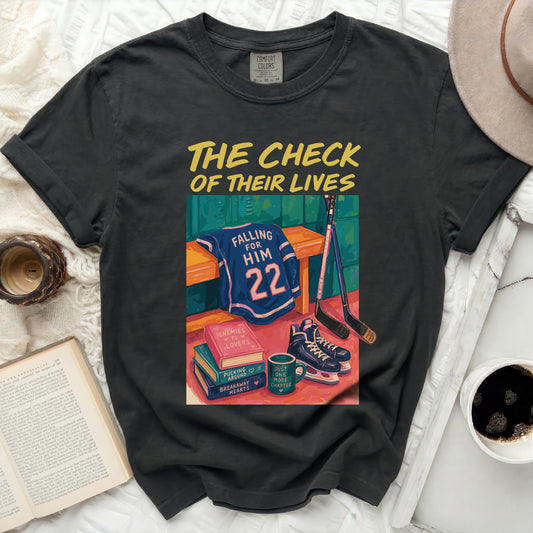 Black t-shirt with "The Check of Their Lives" and hockey graphics.