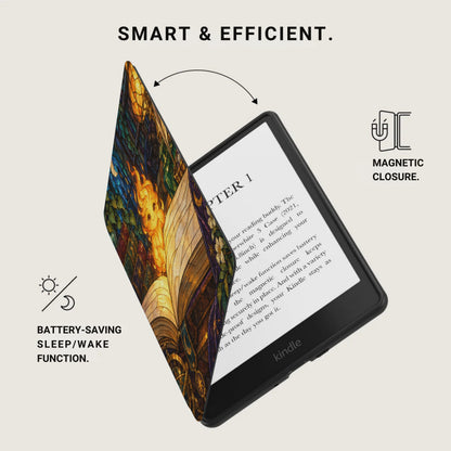 Kindle e-reader with a stained glass patterned cover featuring magnetic closure and battery-saving function.