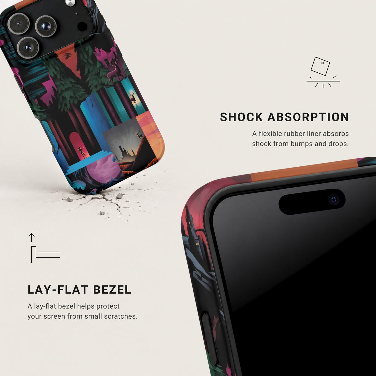 Black iPhone case featuring a colorful fantasy landscape graphic, with text highlighting shock absorption and lay-flat bezel features.