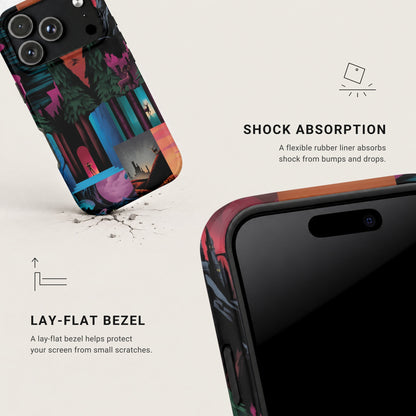 Black iPhone case featuring a colorful fantasy landscape graphic, with text highlighting shock absorption and lay-flat bezel features.