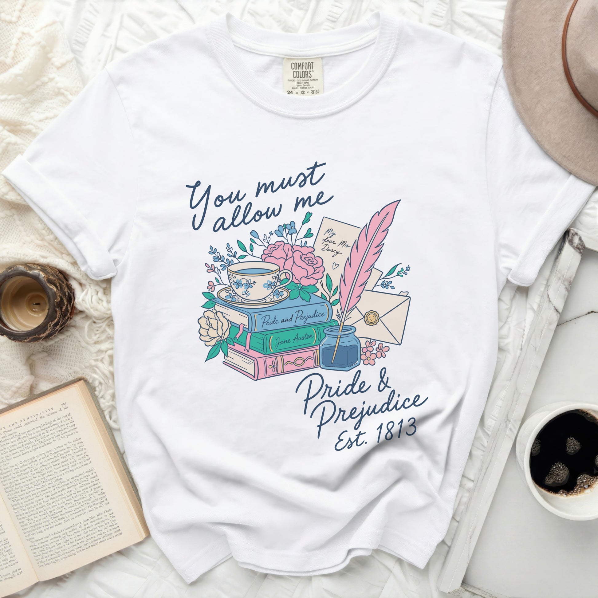 White Comfort Colors t-shirt with "Pride and Prejudice" literary design and quote.