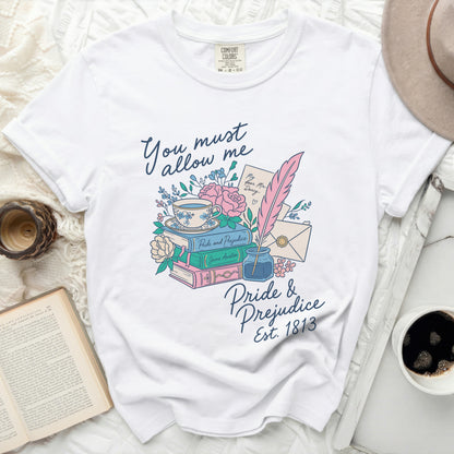 White Comfort Colors t-shirt with "Pride and Prejudice" literary design and quote.