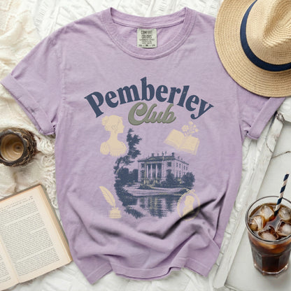 Lilac t-shirt with "Pemberley Club" text and regency-style illustration.