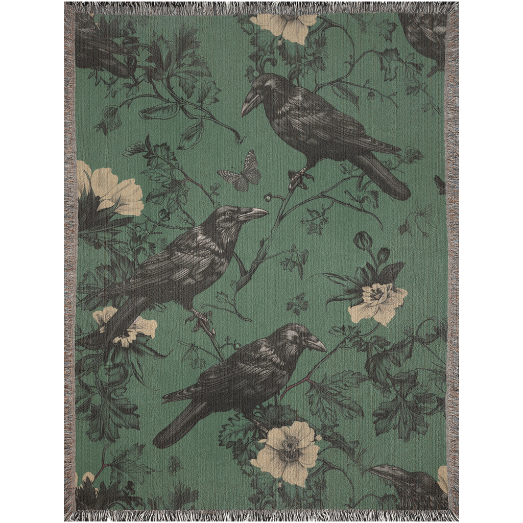 🖤 Gothic Raven & Botanical Woven Blanket