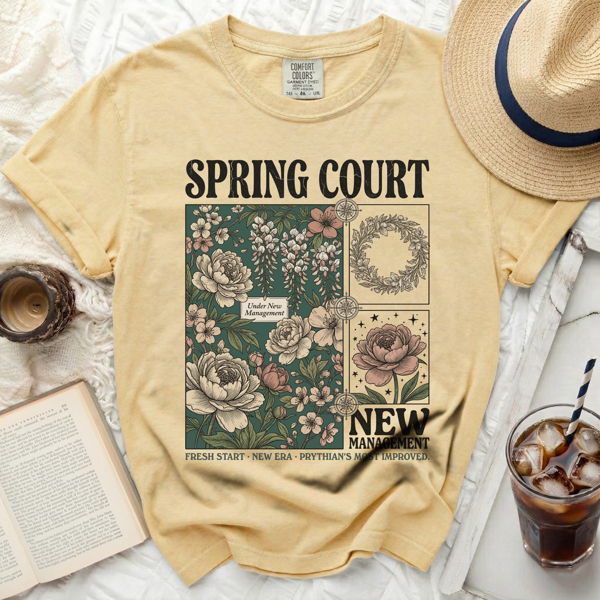 Yellow t-shirt with "Spring Court" and floral graphic.