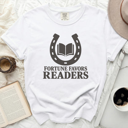 White t-shirt with a dark gray horseshoe and open book graphic.