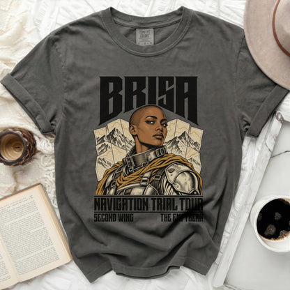 Dark grey t-shirt with "BRISA NAVIGATION TRIAL TOUR SECOND WING THE EMPYREAN" graphic.