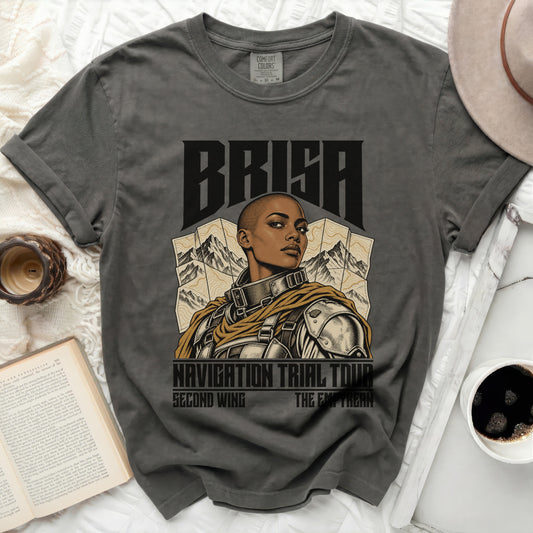 Dark grey t-shirt with "BRISA NAVIGATION TRIAL TOUR SECOND WING THE EMPYREAN" graphic.
