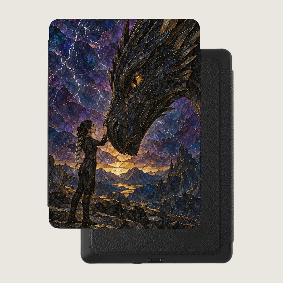Fantasy art of woman with dragon head in front of mountainous landscape with sunset.