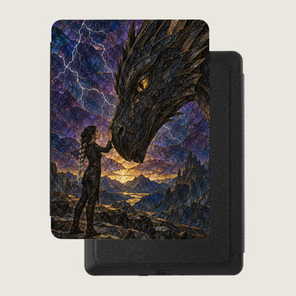 Fantasy art of woman with dragon head in front of mountainous landscape with sunset.