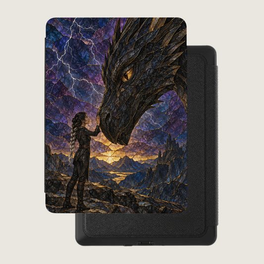 Fantasy art of woman with dragon head in front of mountainous landscape with sunset.