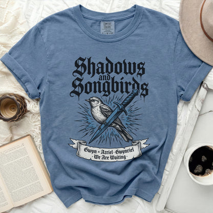 Blue t-shirt with "Shadows and Songbirds" graphic and text "Gwyn x Azriel • Gwynriel We Are Waiting".