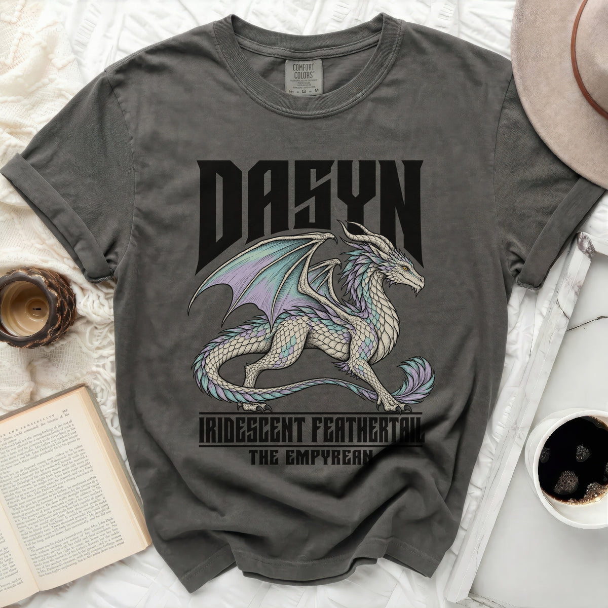 Gray t-shirt with a white and purple dragon graphic and text.