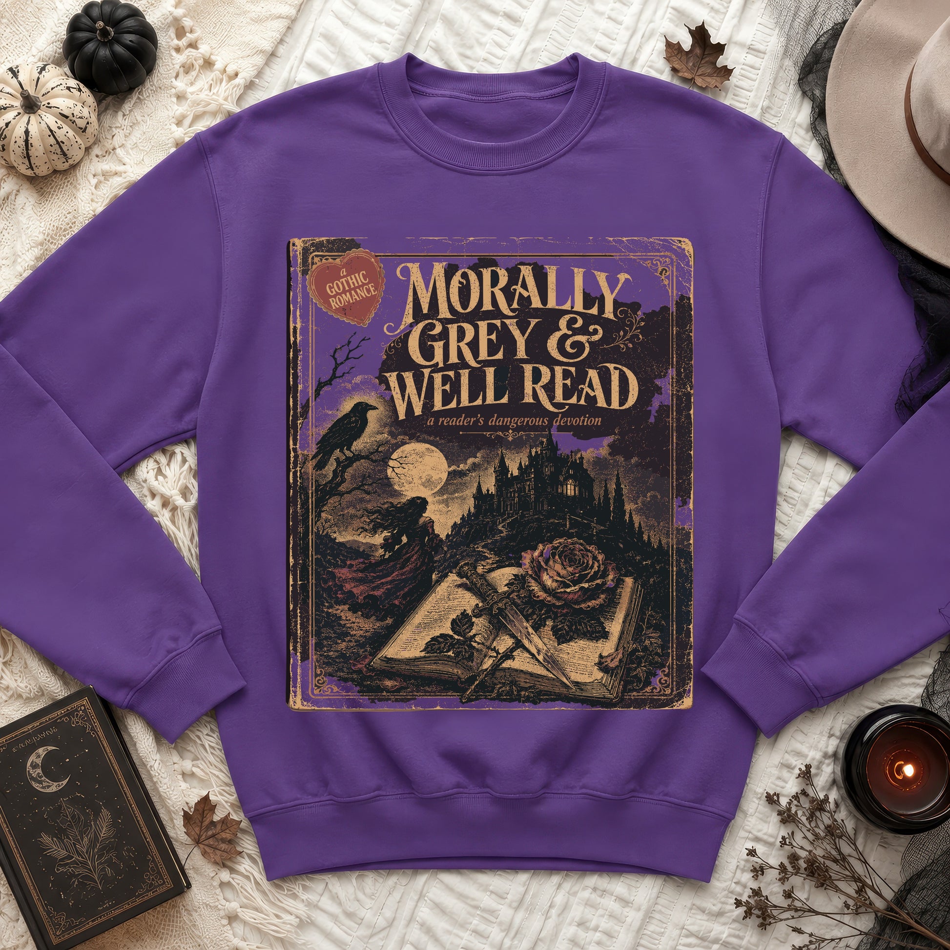 Purple sweatshirt with "Morally Grey & Well Read" gothic romance book cover print.