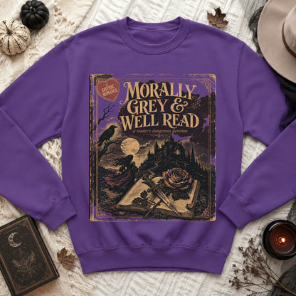 Purple sweatshirt with "Morally Grey & Well Read" gothic romance book cover print.