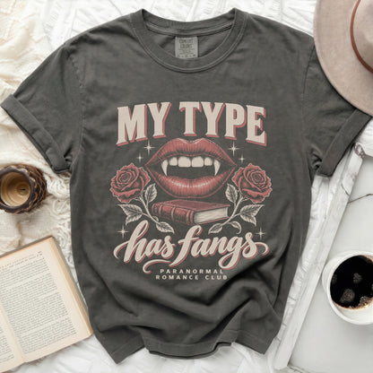 My Type Has Fangs graphic tee with vampire lips, roses, and book.
