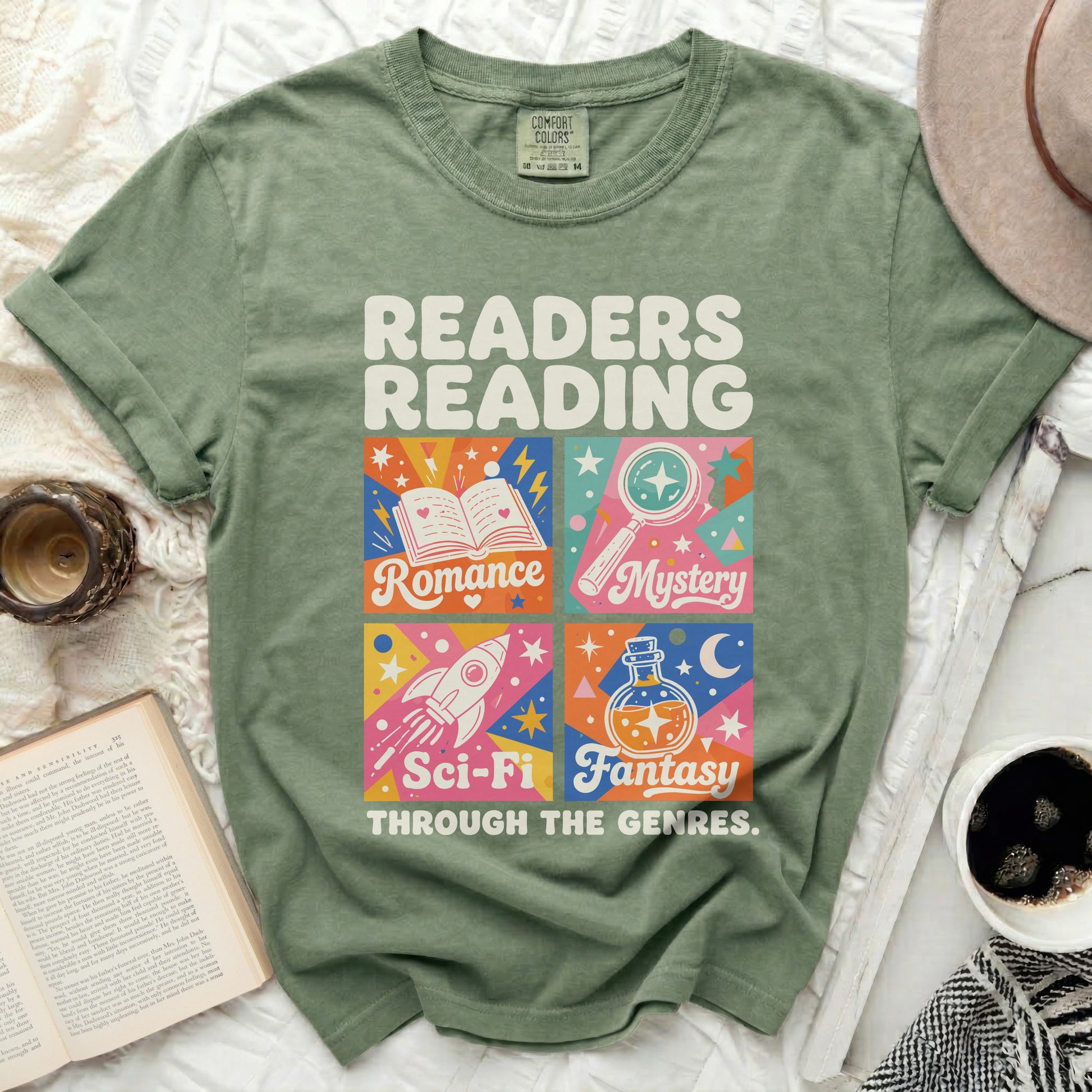 Green t-shirt with "Readers Reading Through The Genres" and genre icons.
