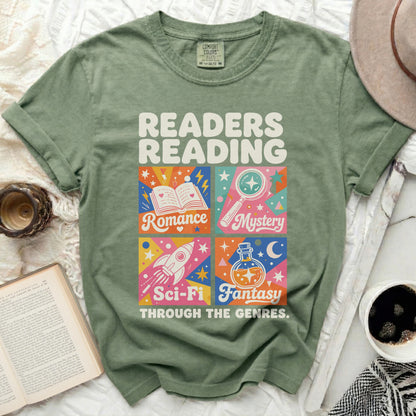 Green t-shirt with "Readers Reading Through The Genres" and genre icons.