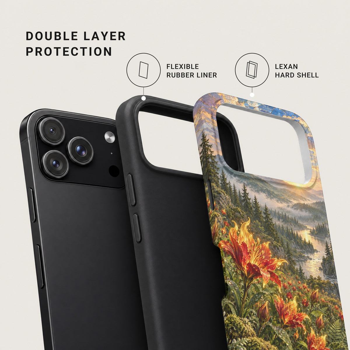 An exploded view of a phone case highlighting its double layer protection, flexible rubber liner, and hard shell.