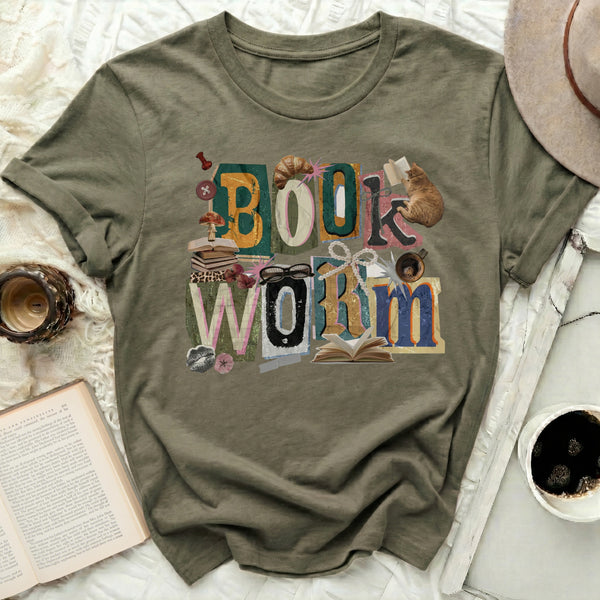 Book Worm Literary Tee in Military Green