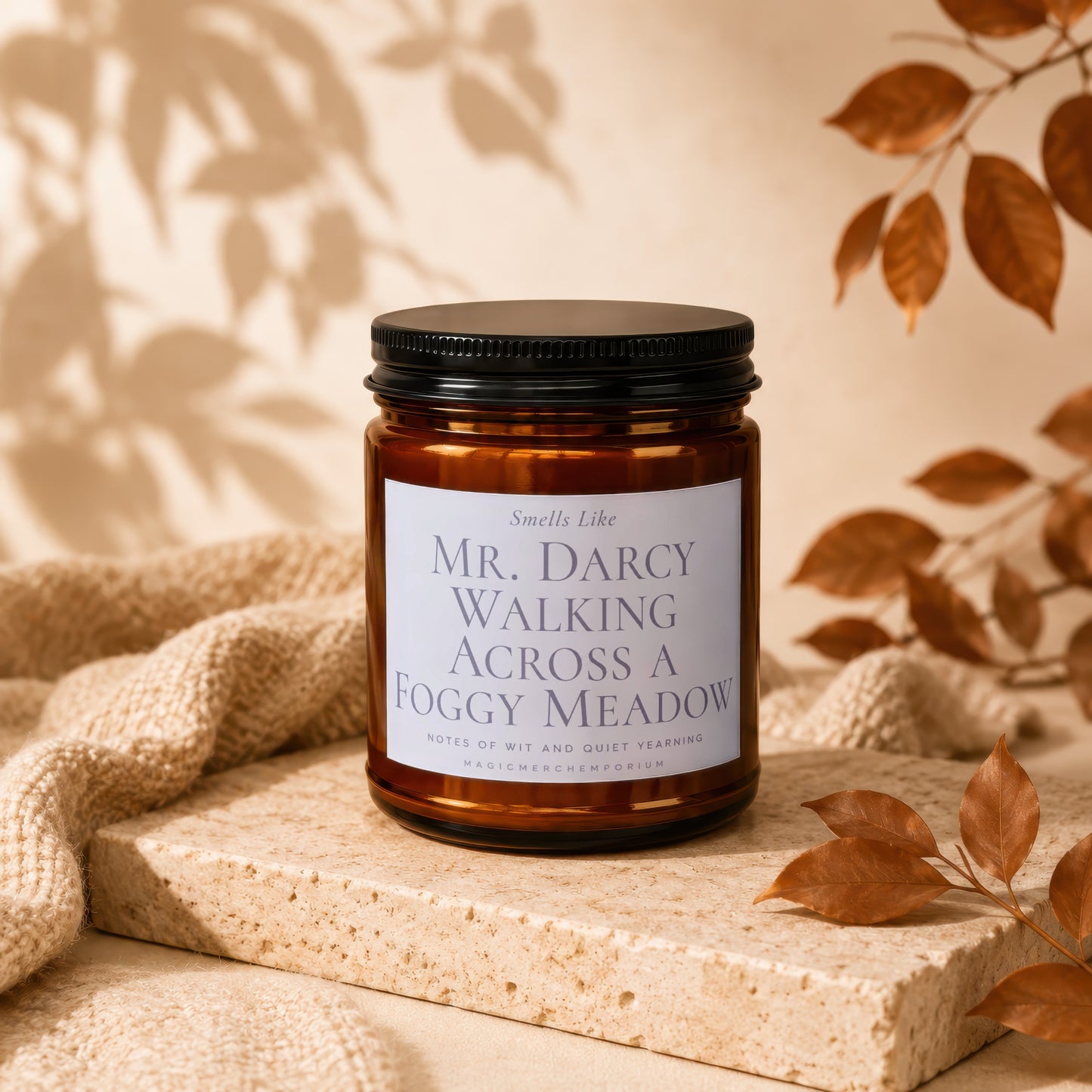 Candle in amber jar labeled "Mr. Darcy Walking Across a Foggy Meadow".